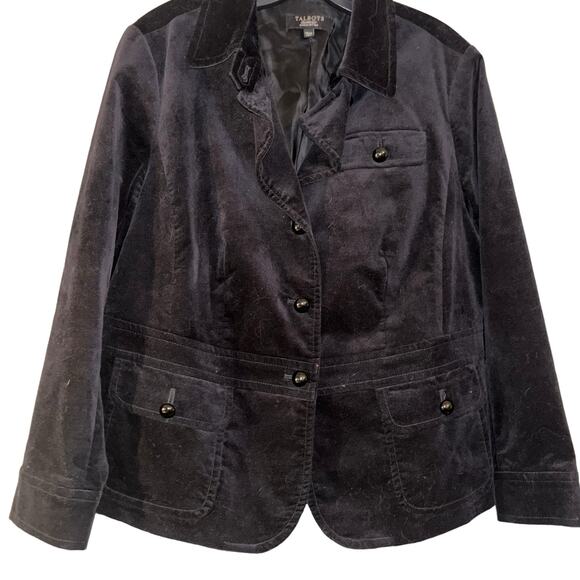 Talbots Velvet Feel Black Blazer Ruffle Accent Long Sleeve Cotton Woman's 14wp - Picture 1 of 10